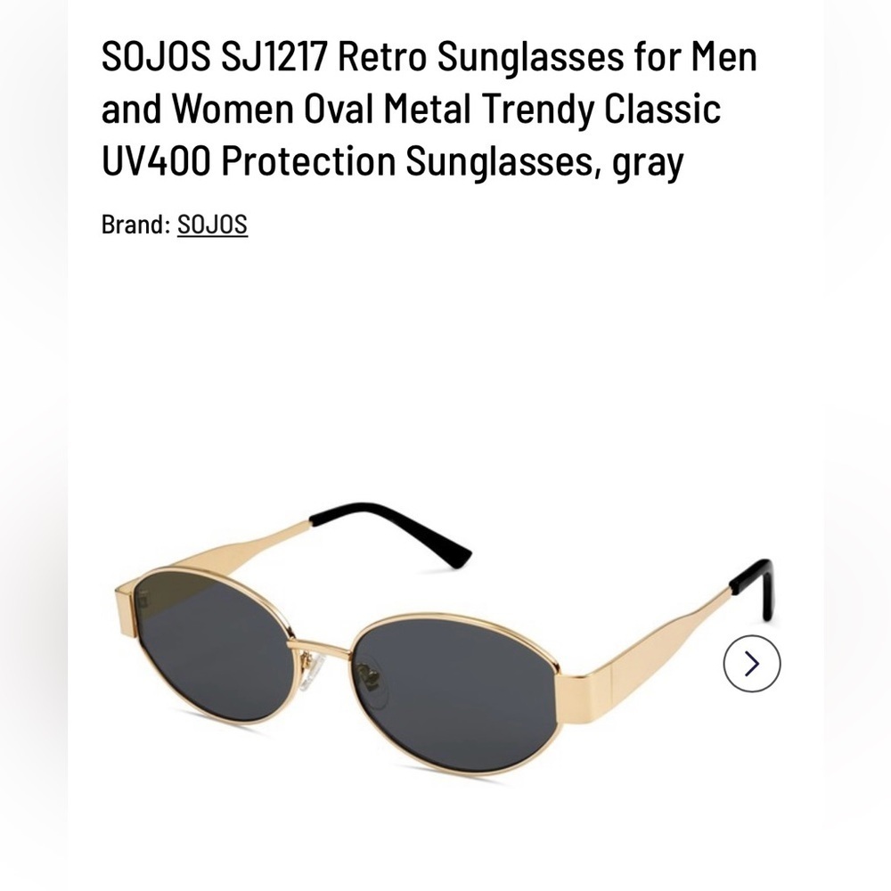 SOJOS retro sunglasses UV400 protection, oval grey lenses w gold trim, unisex